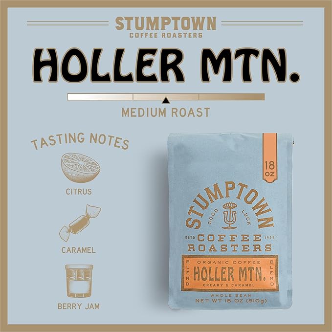 Stumptown Coffee Roasters, Medium Roast Organic Whole Bean Coffee - Holler Mountain 18 Ounce Bag with Flavor Notes of Citrus Zest, Caramel and Hazelnut (Pack of 2)