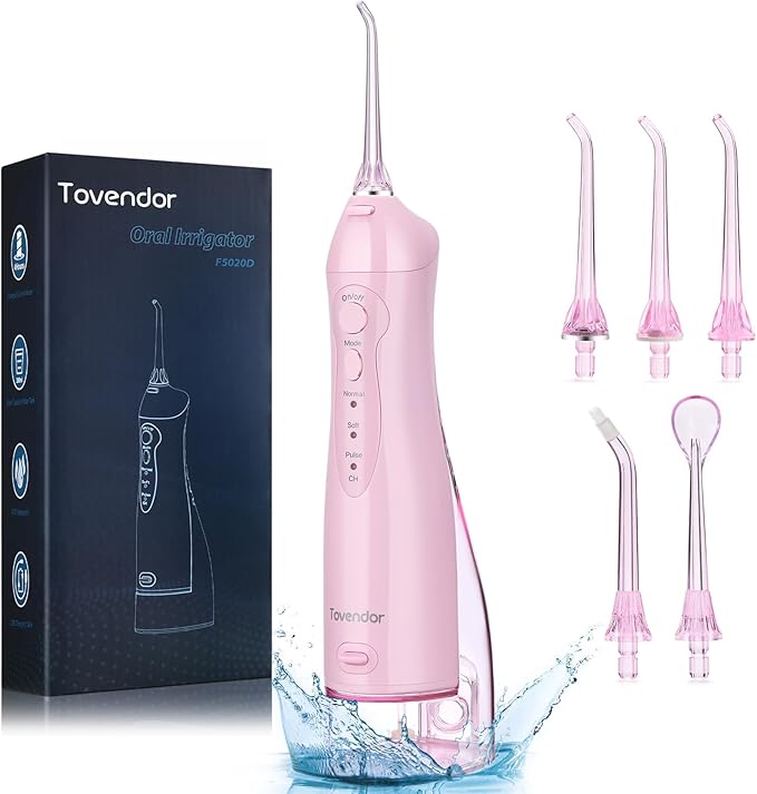 TOVENDOR Electric Water Flosser, Rechargeable Dental 3 Modes, 5 Tips (300ML, IPX7Waterproof IPX7Waterproof Waterflosser)