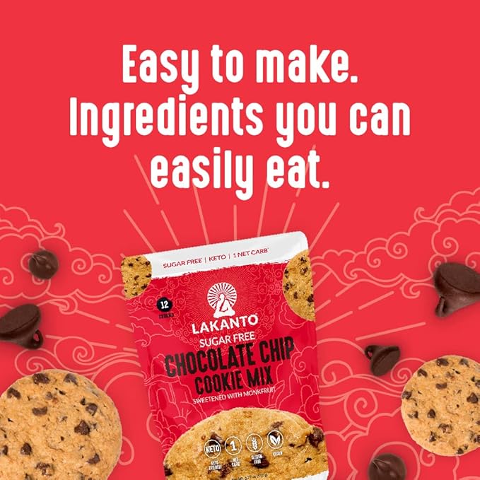 Lakanto Sugar Free Chocolate Chip Cookie Mix - Sweetened with Monk Fruit Sweetener, Gluten Free, Keto Diet Friendly, Vegan, 2g Net Carb, Almond Flour, Sea Salt (12 Cookies)