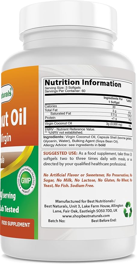 Best Naturals Extra Virgin Coconut Oil 1000 mg Softgel, 180 Count