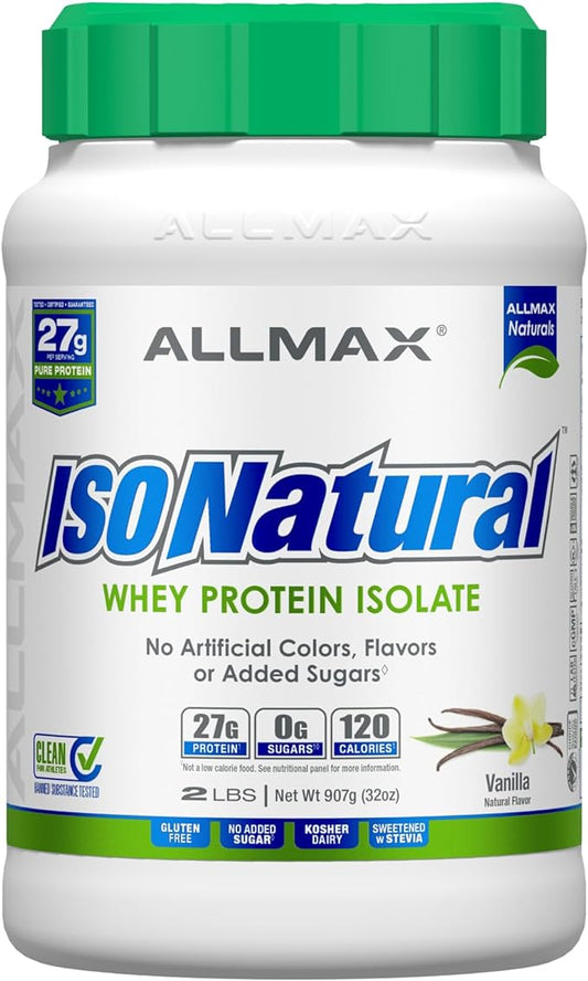 ALLMAX ISONATURAL Whey Protein Isolate, Vanilla 2 lb 27 Grams 99% Lactose 29 Servings