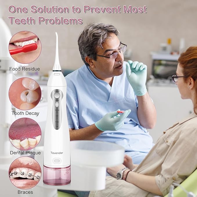 TOVENDOR Electric Water Flosser, Rechargeable Dental 3 Modes, 5 Tips (300ML, IPX7Waterproof IPX7Waterproof Waterflosser)