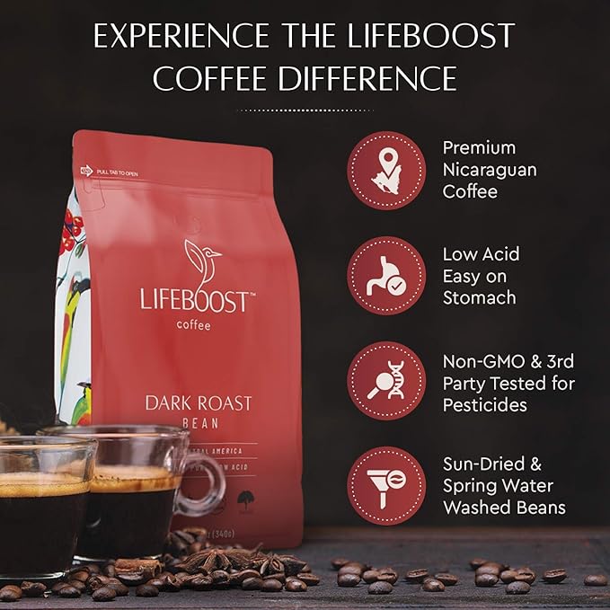 Lifeboost Dark Roast Whole Bean Coffee - Non-GMO Low Acid Single Origin USDA Organic Coffee - Third Party Tested For Mycotoxins & Pesticides - 12 Ounces (Pack of 3)