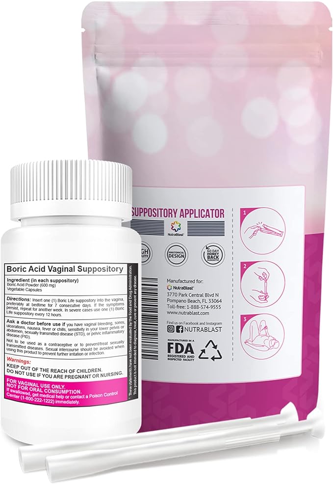 NutraBlast Boric Acid Vaginal Suppositories 600mg 30 Suppositories 15 Applicators