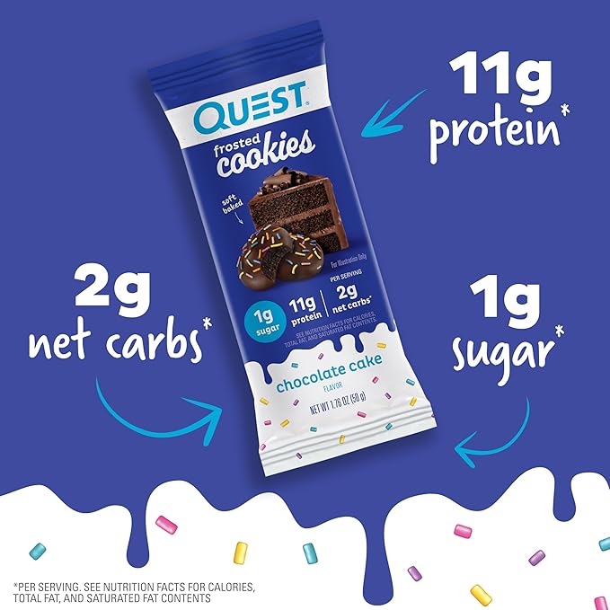 Quest Nutrition Frosted Cookies Twin Pack, Chocolate Cake, 1g Sugar, 11g Protein, 2g Net Carbs, Gluten Free, 16 Cookies