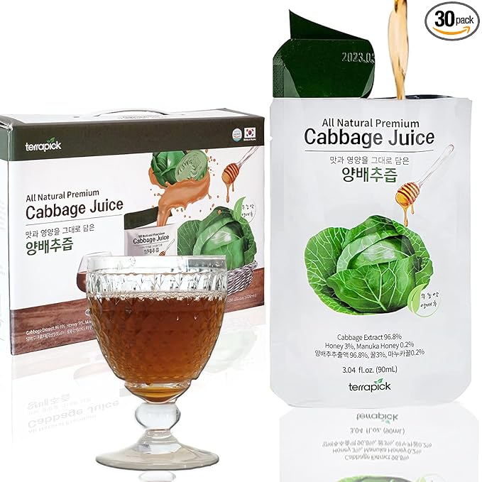 TerraPick Green Cabbage Juice Sweetened with Manuka Honey - Natural Cabbage Extract Juice Vegetable Juice Superfood (3.04 fl oz X 30 pouches)