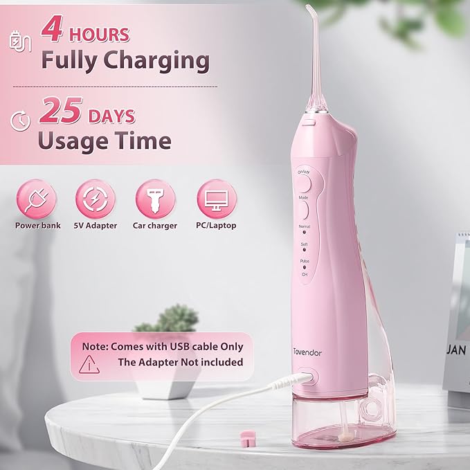 TOVENDOR Electric Water Flosser, Rechargeable Dental 3 Modes, 5 Tips (300ML, IPX7Waterproof IPX7Waterproof Waterflosser)