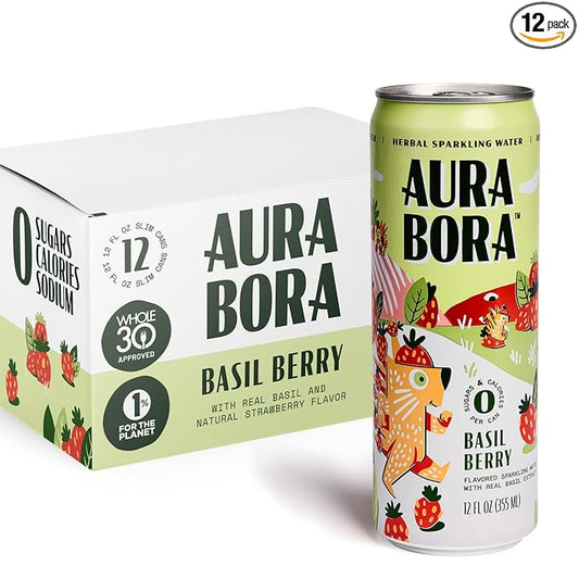 Aura Bora, Strawberry Basil Herbal Sparkling Water, 12 oz Can (Pack of 12), 0 Calories, 0 Sugar, 0 Sodium, Non-GMO