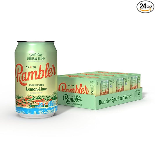 AUTX RAMBLER Lemon-Lime Sparkling Water, Limestone Mineral Blend, 12-Ounce Cans, Three 8-Packs (24 Cans)