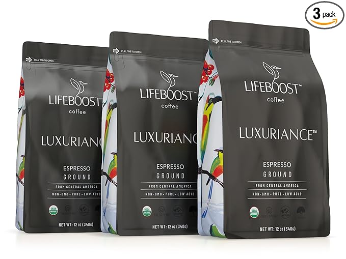 Lifeboost Coffee Espresso Ground Coffee - Low Acid Single Origin USDA Organic Coffee - Non-GMO Espresso Coffee Third Party Tested For Mycotoxins & Pesticides (Espresso Ground 12oz x 3 pack)
