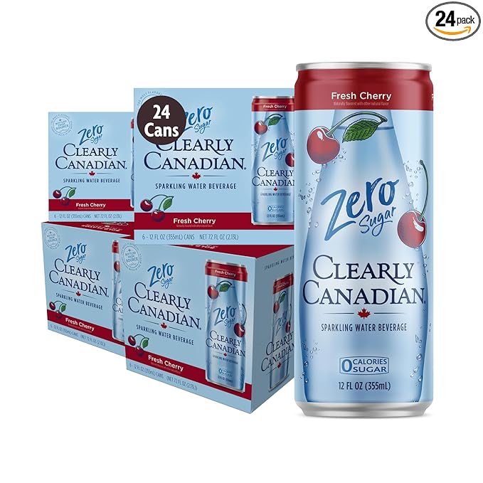 Clearly Canadian Zero Sugar Fresh Cherry Sparkling Water Beverage, Zero Sugar & Zero Calories. 1 Case (24 cans x 12 fl oz)