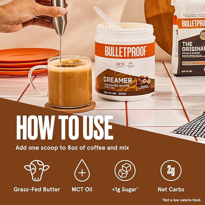 Bulletproof Hazelnut Creamer, 14.8 Ounces, Keto Coffee Creamer with MCT Oil and Grass-Fed Butter