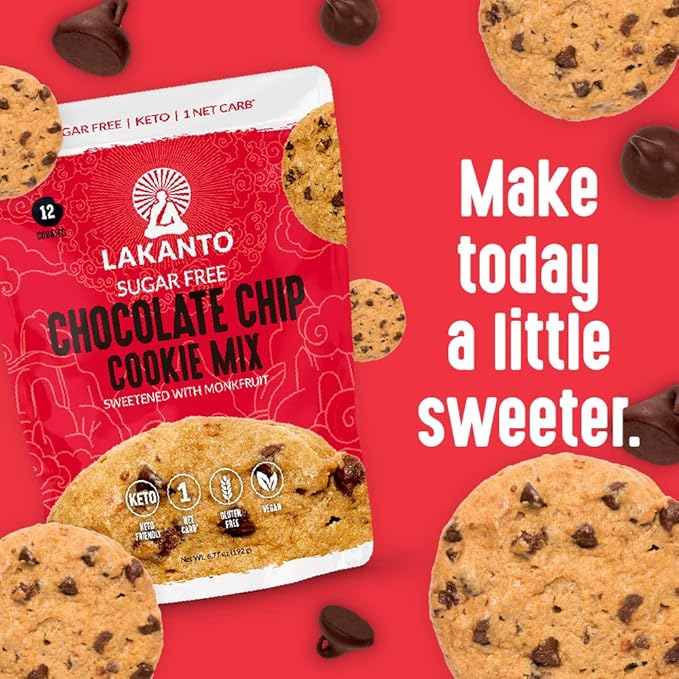 Lakanto Sugar Free Chocolate Chip Cookie Mix - Sweetened with Monk Fruit Sweetener, Gluten Free, Keto Diet Friendly, Vegan, 2g Net Carb, Almond Flour, Sea Salt (12 Cookies)