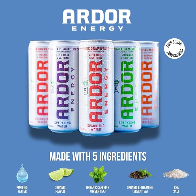 ARDOR ENERGY Sparkling Water Pink Grapefruit 12 pack with 100mg Organic Caffeine from Green Tea & 200mg Organic L-Theanine (Focus & Calm). No Sugar. No Calories. Vegan. Gluten Free.