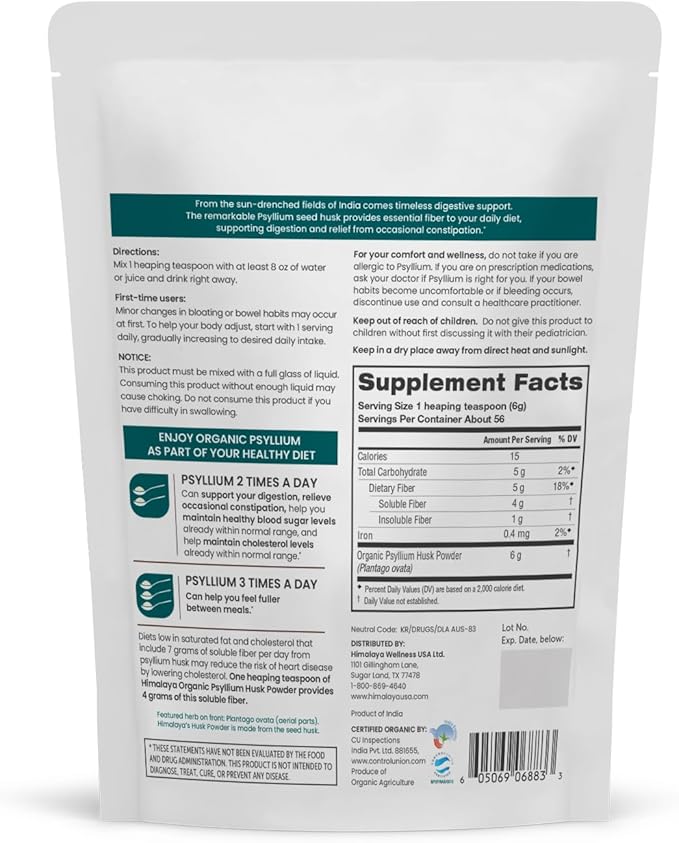 Himalaya Organic Psyllium Husk Powder, Daily 56-Teaspoon Supply, 12 Oz