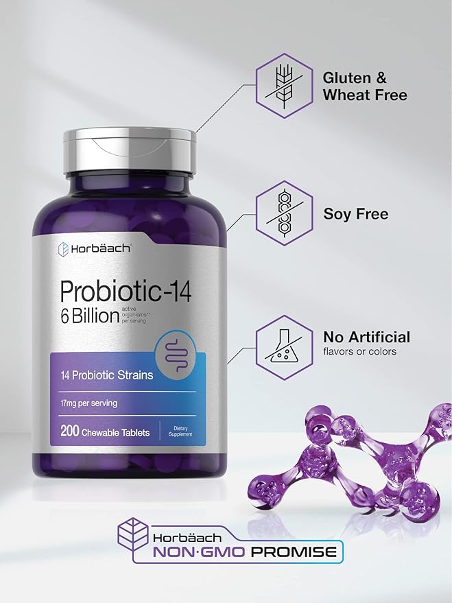 Horbäach Chewable Probiotics 6 Billion CFUs 200 Tablets 14 Probiotic