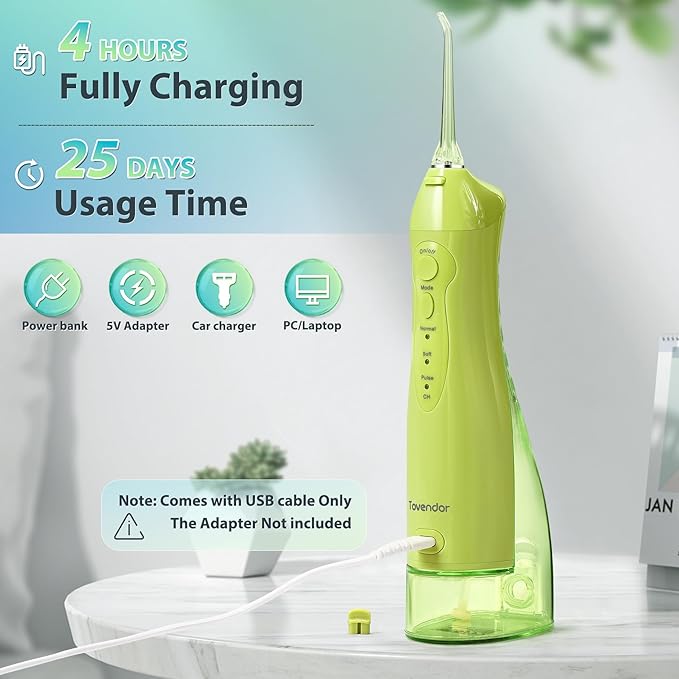 TOVENDOR Electric Water Flosser, Rechargeable Dental 3 Modes, 5 Tips (300ML, IPX7Waterproof IPX7Waterproof Waterflosser)