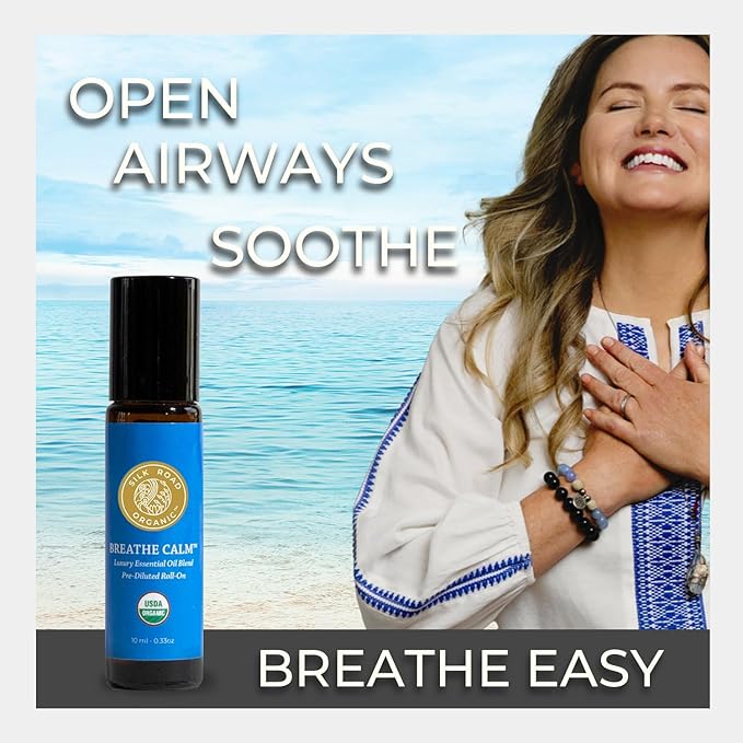 Organic Breathe Calm Essential Oil Breathe Easy Blend Roll On, 100% Pure USDA Certified Aromatherapy for Cold, Cough, Congestion, Allergy Relief, & Wellness - 10 ml Roller by Silk Road Organic