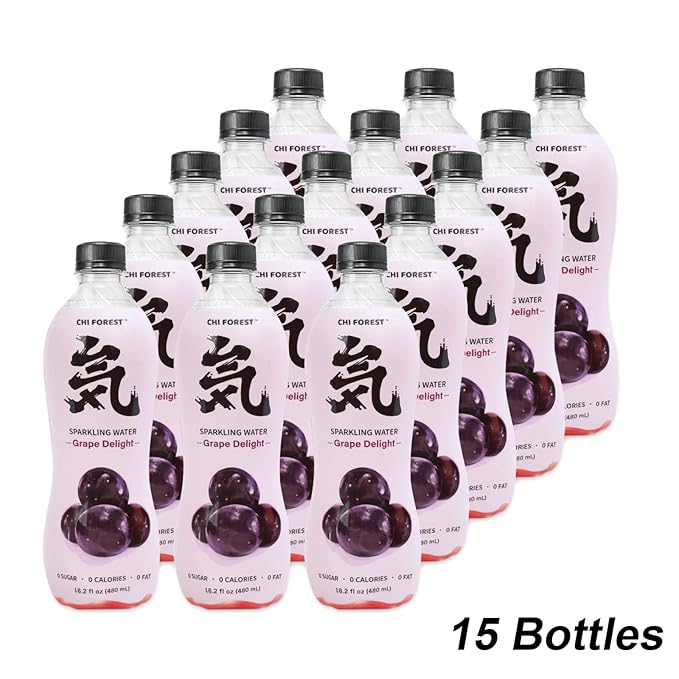 CHI FOREST Sparkling Water, Grape Delight Flavored Bubbly Sparling Water in Bottle, 0 Sugar and 0 Calories Carbonated Water, 16.2 Fl oz(480ml), Pack of 15