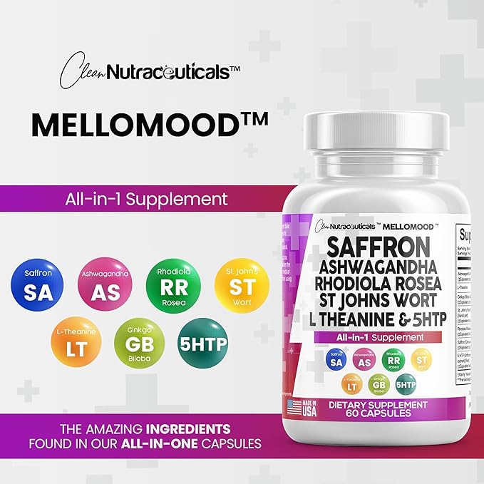 Clean Saffron Supplements with Ashwagandha 8000mg 200mg, Ginkgo 6000mg, St. 6000mg, Rhodiola 3000mg & 5-HTP 500mg 500mg -