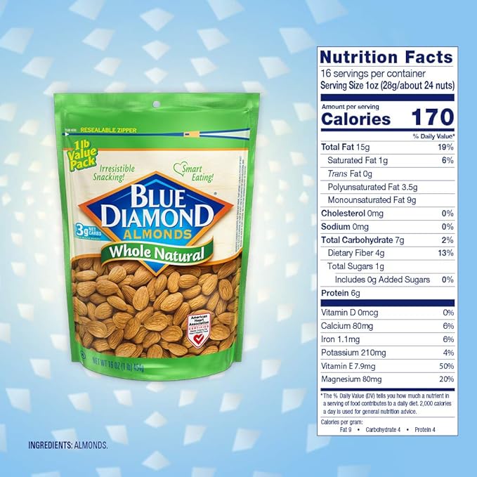 Blue Diamond Almonds, Raw Whole Natural, 16 Ounce