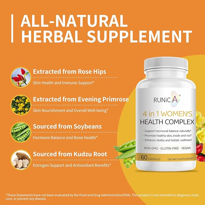 Women's 4-in-1 Natural Hormonal Balance & Skin Health Supplement - Rose Hip, Soy Isoflavones, Evening Primrose & Pueraria Mirifica Extract - 60 Gluten-Free Vegan Capsules