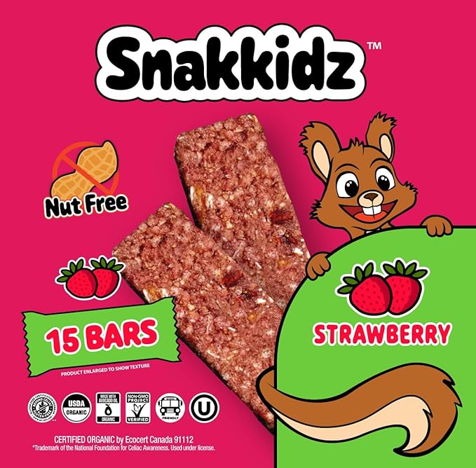 Snakkidz Organic Strawberry Chewy Granola Bar, 15 Count, Nut and Allergen Free, Low Sugar, Made with Avocado Oil