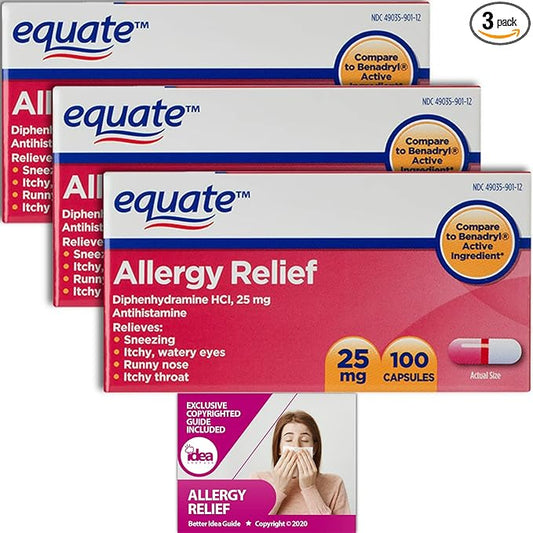 Equate Allergy Relief Capsules, 25 mg, 100 Ct (3 Pack) (4 Items)