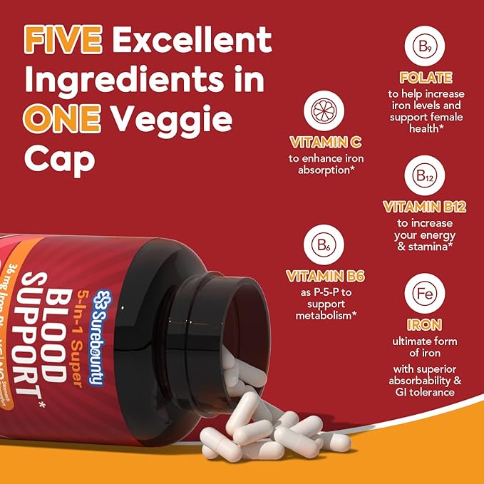 Iron Supplement, Iron Bisglycinate with Folate, B6, B12, B12, 5-in-1 5-in-1 Blood 60 Capsules