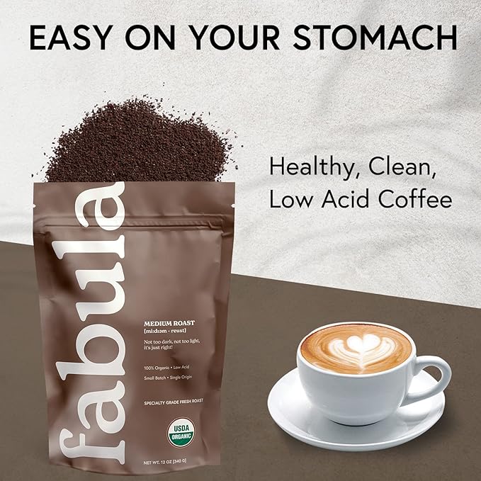 Fabula Low Acid Coffee, USDA Organic Ground Coffee Medium Roast - Non GMO - No Molds - Mycotoxins Pesticides Free - Single Origin Coffee - 12 oz