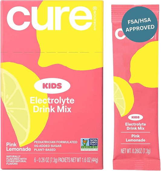 Cure Hydration - Kids Electrolyte Drink Mix | Plant-Based Pediatrician Formulated Rehydration | No Added Sugar, Non-GMO, Gluten-Free, No Artificial Flavors, FSA-HSA | Box of 6 Packets - Pink Lemonade