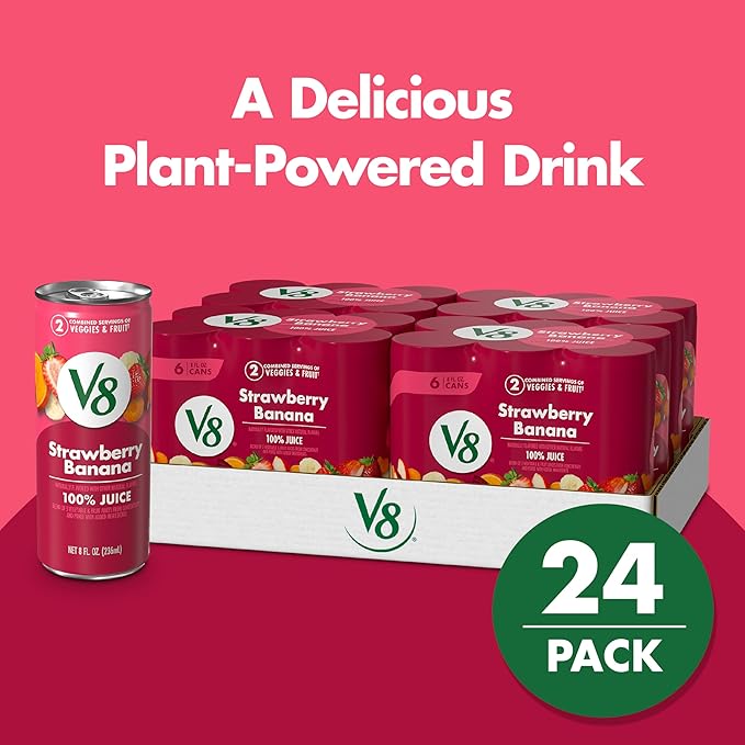 V8 Strawberry Banana 100% Fruit and Vegetable Juice, 8 fl oz Can (6 Pack) (Case of 4)