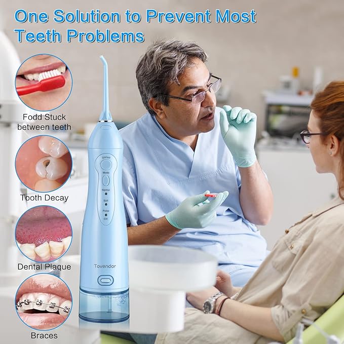 TOVENDOR Electric Water Flosser, Rechargeable Dental 3 Modes, 5 Tips (300ML, IPX7Waterproof IPX7Waterproof Waterflosser)