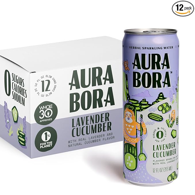 Aura Bora, Lavender Cucumber Herbal Sparkling Water, 12 oz Can (Pack of 12), 0 Calories, 0 Sugar, 0 Sodium, Non-GMO