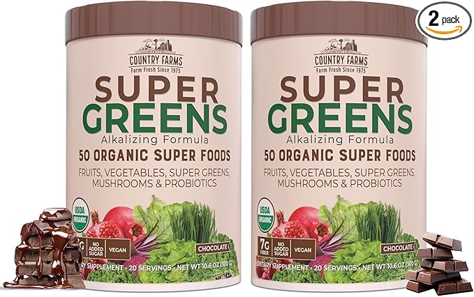 COUNTRY FARMS Super Greens Chocolate Flavor, 50 Organic 40 Servings, 10.6 Oz, 2 Pack