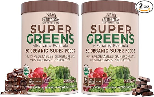 COUNTRY FARMS Super Greens Chocolate Flavor, 50 Organic 40 Servings, 10.6 Oz, 2 Pack