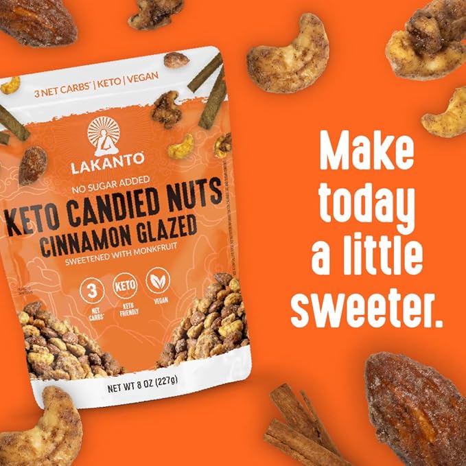 Lakanto Candied Nuts Cinnamon Glazed - No Sugar Added, Sweetened with Monk Fruit, 3 Net Carbs, Keto Diet Friendly, Vegan, On the Go Snack Anytime (Cinnamon Glazed)