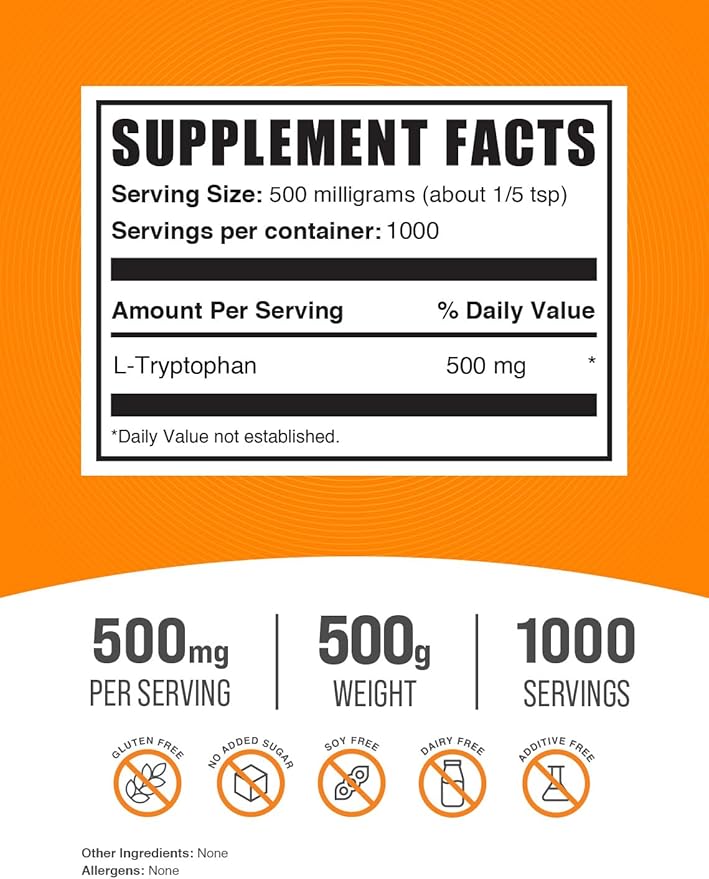 BulkSupplements.com L-Tryptophan Powder 500mg, Tryptophan 500mg per 500g (1.1 (1.1 lbs) 1)