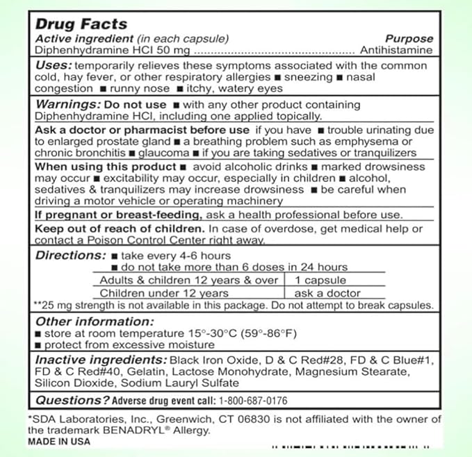 SDA LABORATORIES Diphenhydramine 50mg Allergy Relief, 1000 Count (1 Bottle)
