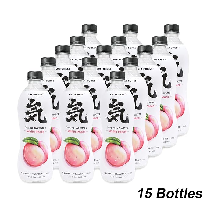 CHI FOREST Sparkling Water, White Peach Flavored Bubbly Sparling Water in Bottle, 0 Sugar and 0 Calories Carbonated Water, 16.2 Fl oz(480ml), Pack of 15