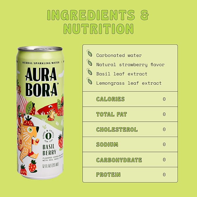 Aura Bora, Strawberry Basil Herbal Sparkling Water, 12 oz Can (Pack of 12), 0 Calories, 0 Sugar, 0 Sodium, Non-GMO