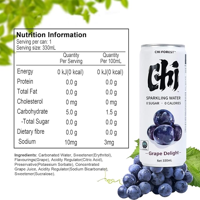 CHI FOREST Grape Sparkling Water 24 Cans, Flavored Sparkling Water, 0 Sugar and 0 Calorie Bubbly Water, Refreshing Carbonated Water, Perfect for Party, Exercise or Work, 11.16 Fl oz, Pack of 24
