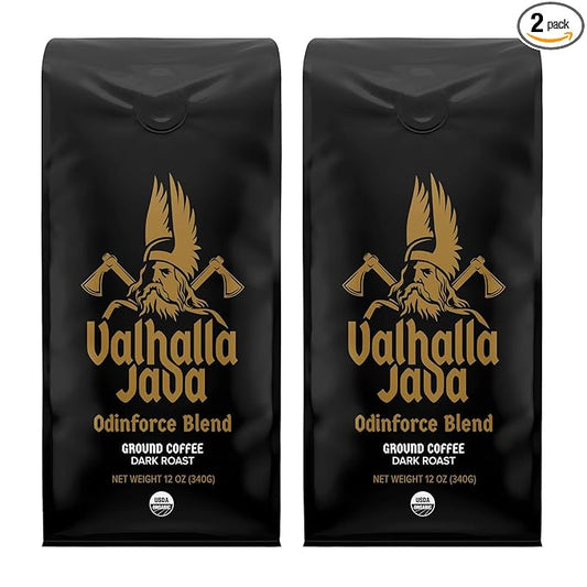 Death Wish Coffee, Valhalla Java Odinforce Blend - Ground Coffee Dark Roast - Arabica & Robusta Beans - 2 Bags (12oz.)