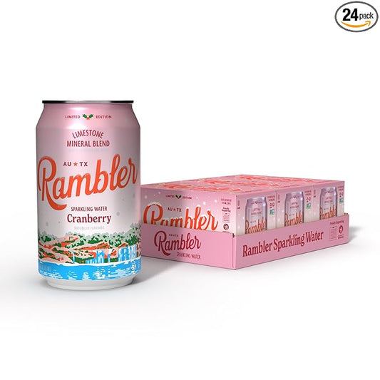 AUTX RAMBLER Sparkling Water, Limestone Mineral Blend, Cranberry Flavor, Limited Edition, 12 oz, Three 8-Packs (24 cans)