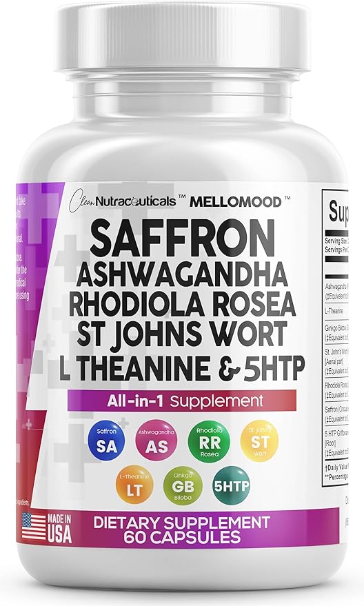 Clean Saffron Supplements with Ashwagandha 8000mg 200mg, Ginkgo 6000mg, St. 6000mg, Rhodiola 3000mg & 5-HTP 500mg 500mg -