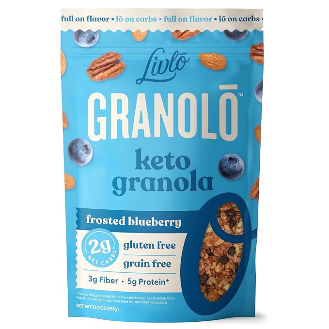 Livlo Keto Nut Granola Cereal - Only 2g Net Carb & Zero Added Sugar - Low Carb, Grain Free & Gluten Free Healthy Snack - Frosted Blueberry, 10.5 oz