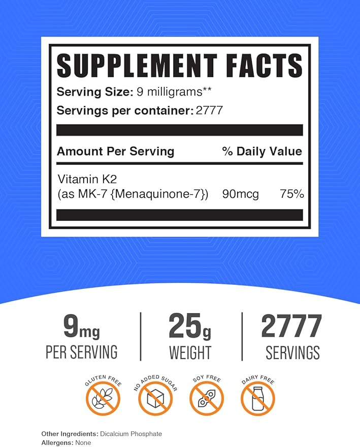 BulkSupplements.com Vitamin K2 Powder K2 MK-7, MK-7, as K2 Vitamin 9mg per 25g (0.88 (0.88 oz) 1)