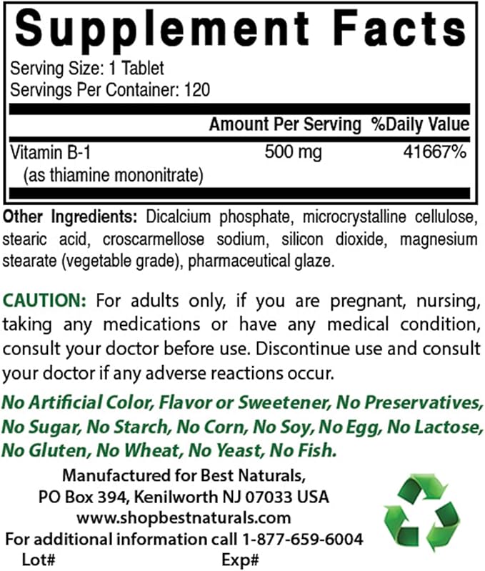 Best Naturals Vitamin B1 as Thiamine 500 mg 120 Tablets (120 Count 1))