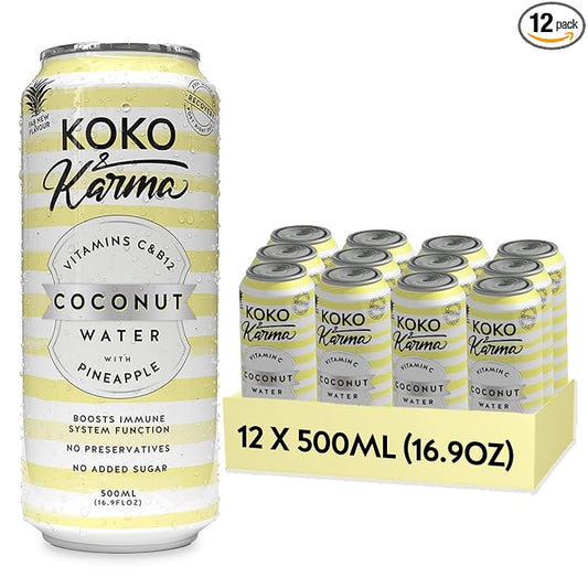 Koko & Karma – Premium Coconut Water with Pineapple & Vitamin C, Refreshing Taste with Natural Sweetness – 12 Pack, 16.9 Ounce Cans