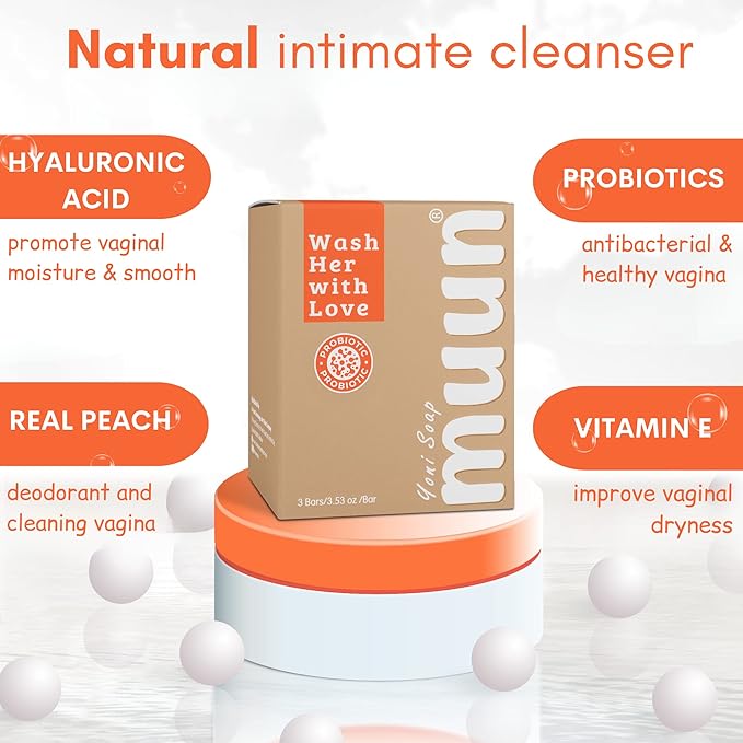 Muun Peach Yoni Soap Bar - Pack 3 Peach Ph Balance Probiotics & Natural Ingredients - Gentle Cleansing Formula Eliminates Odor Vaginal Health - Feminine Wash